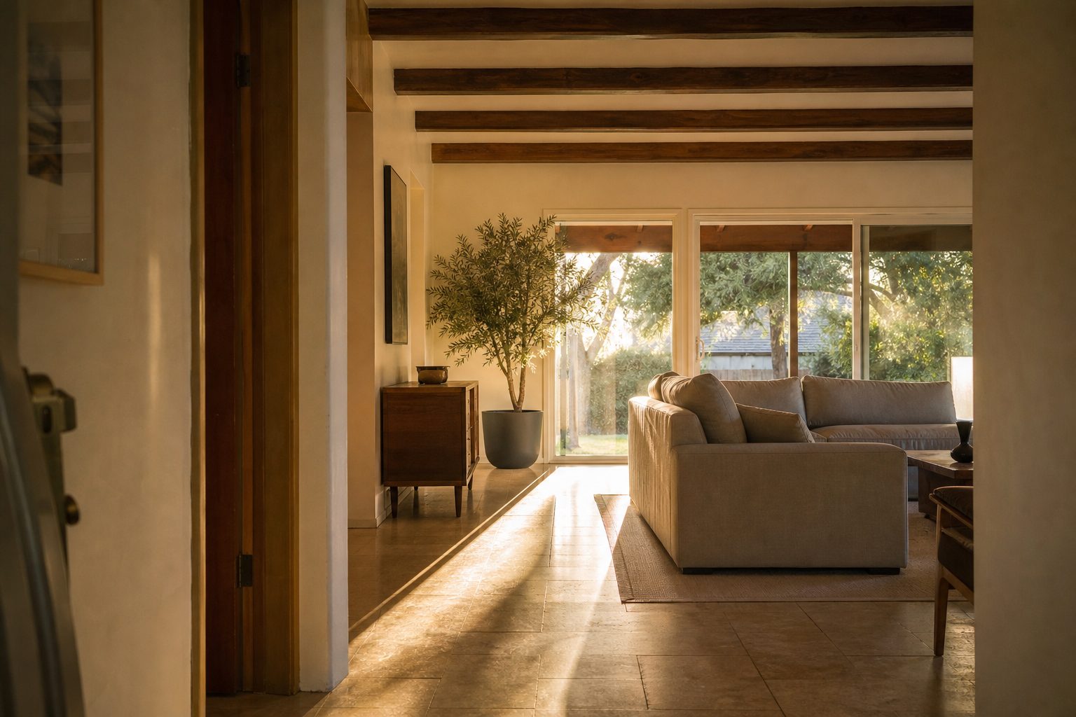 Warm-lit mid-century ranch home interior with open living room and natural light typical of Northridge homes near CSUN.