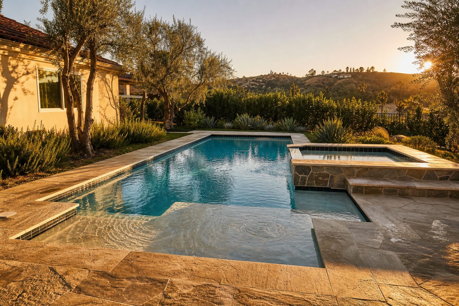 Sparkling saltwater pool with built-in spa and sun shelf in a Woodland Hills backyard during golden hour, surrounded by desert landscaping.