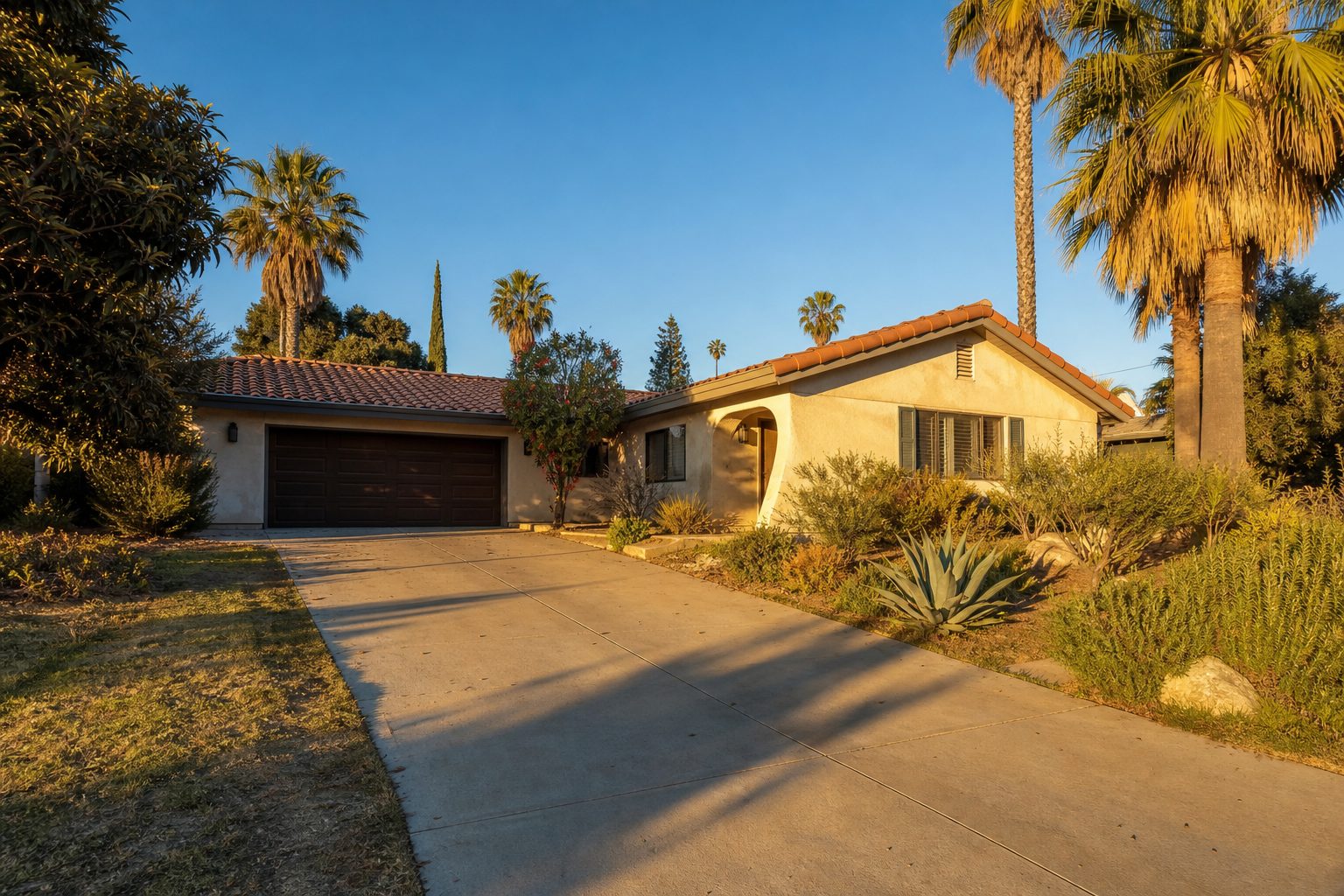 Single-story stucco ranch home with tile roof and mature palms on a residential North Hills street in golden afternoon light.