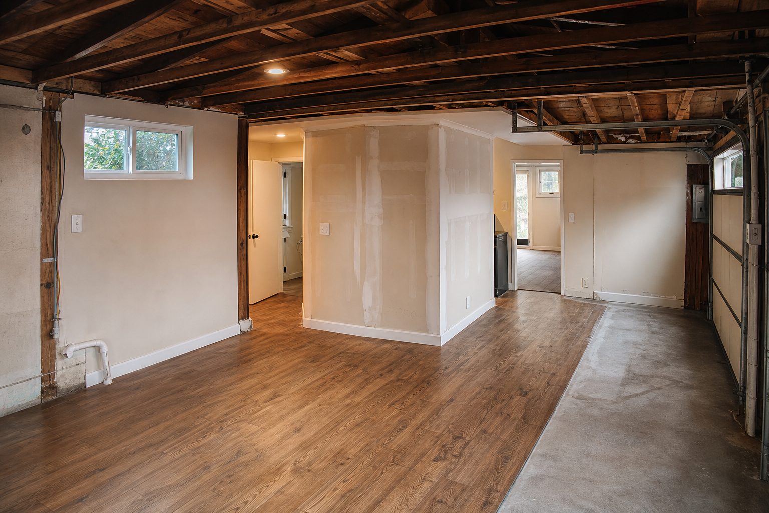 Interior view of a converted garage space in a North Hills 1950s home showing unpermitted alterations and unauthorized living space.