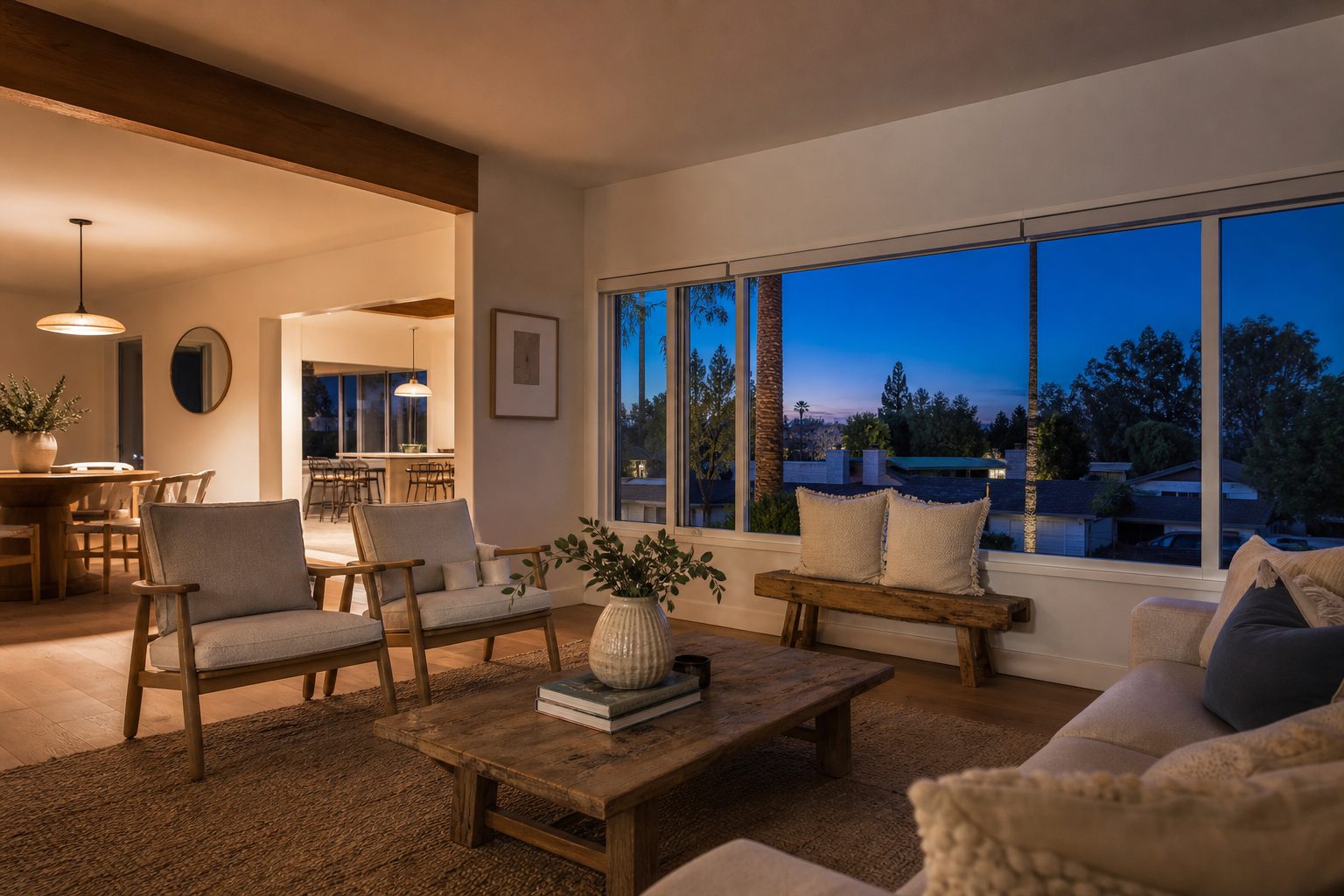 Bright renovated Lake Balboa home interior at twilight with warm interior light and valley views through windows.