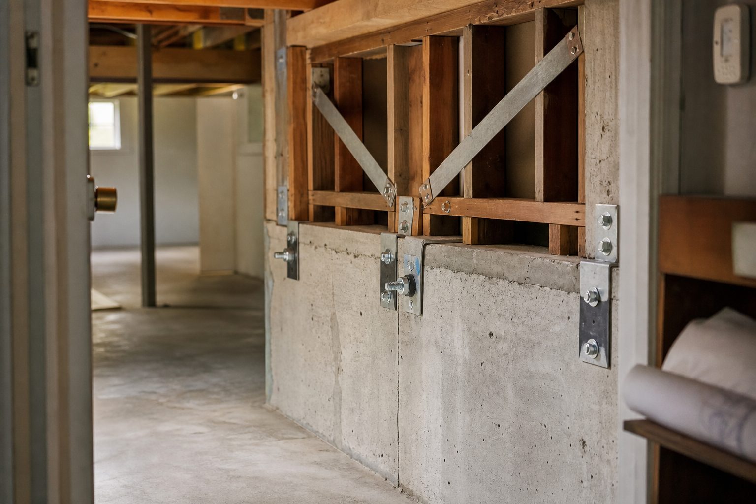 Foundation bolts and cripple-wall bracing visible in crawl space of retrofitted Northridge-area raised-foundation home.