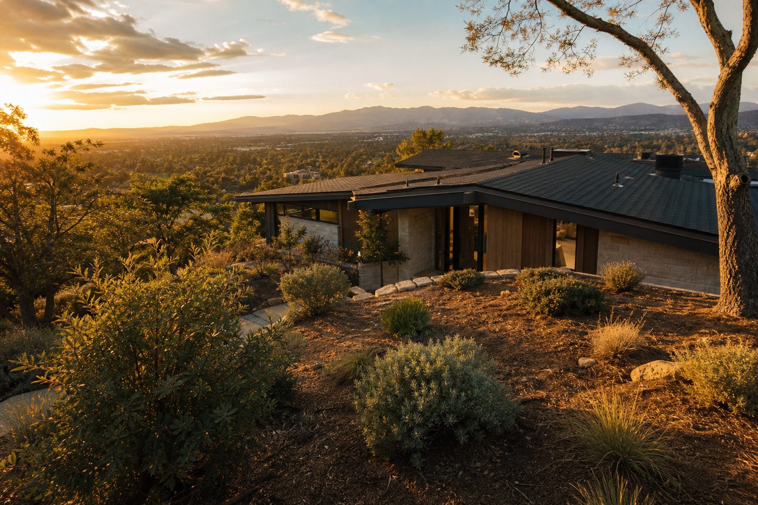 Elevated Woodland Hills hillside home with defensible space landscaping and professional fire-hardening visible during golden hour.