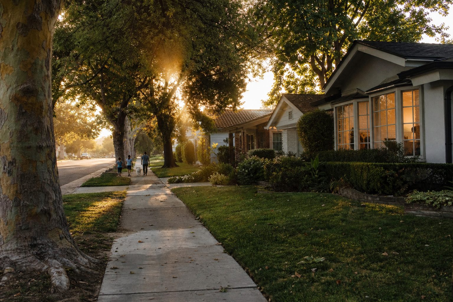 Family with dog walking on tree-lined residential street in morning light in Lake Balboa near the park.