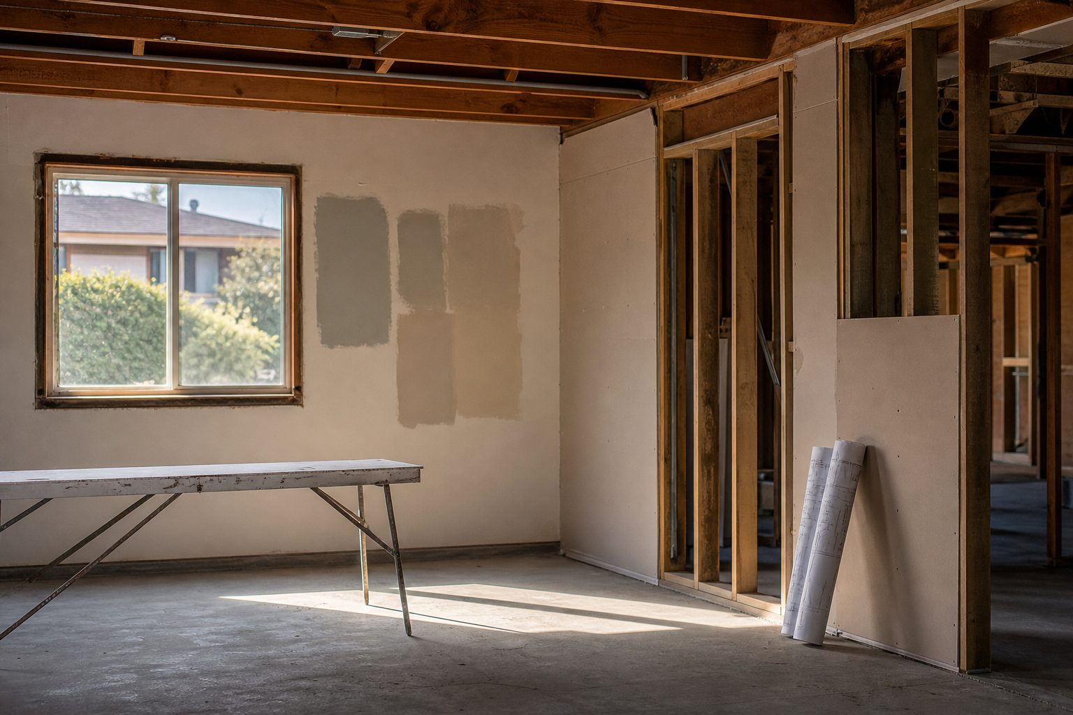 Interior of in-progress garage conversion space with natural window light, framing, and renovation materials in West San Fernando Valley home.