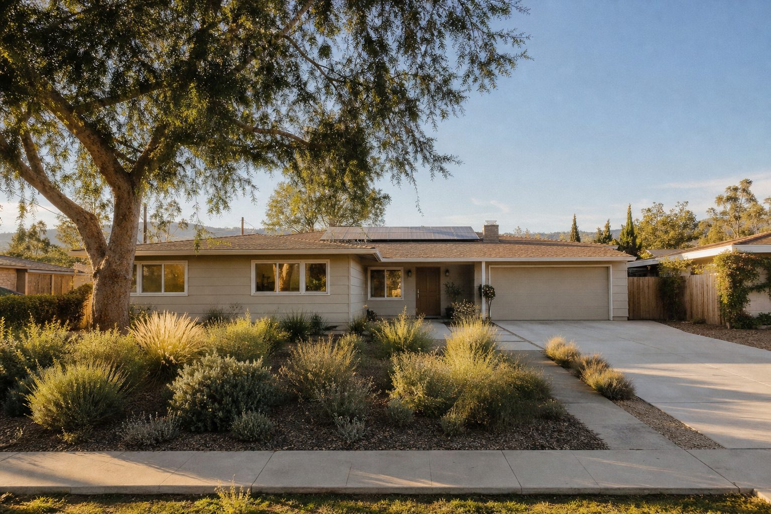 Single-story ranch home with mature pepper tree, solar panels, and native landscaping on flat lot in Lake Balboa.