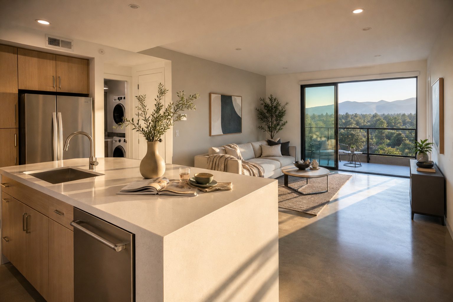 Modern two-bedroom condo with quartz countertops and balcony overlooking oak trees in Warner Center Woodland Hills.