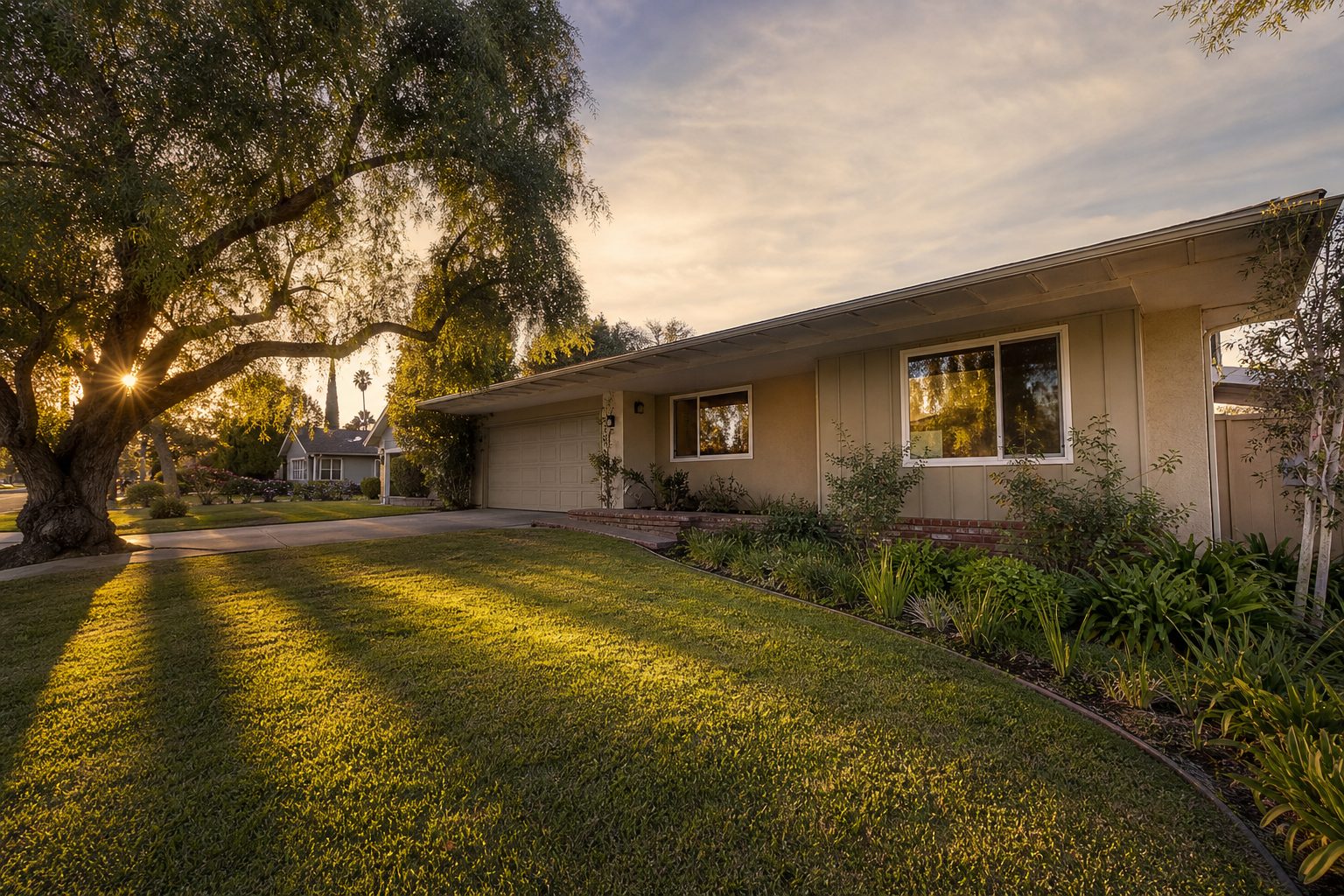 1950s ranch home with wide front lawn and mature pepper tree in Northridge suburban neighborhood.