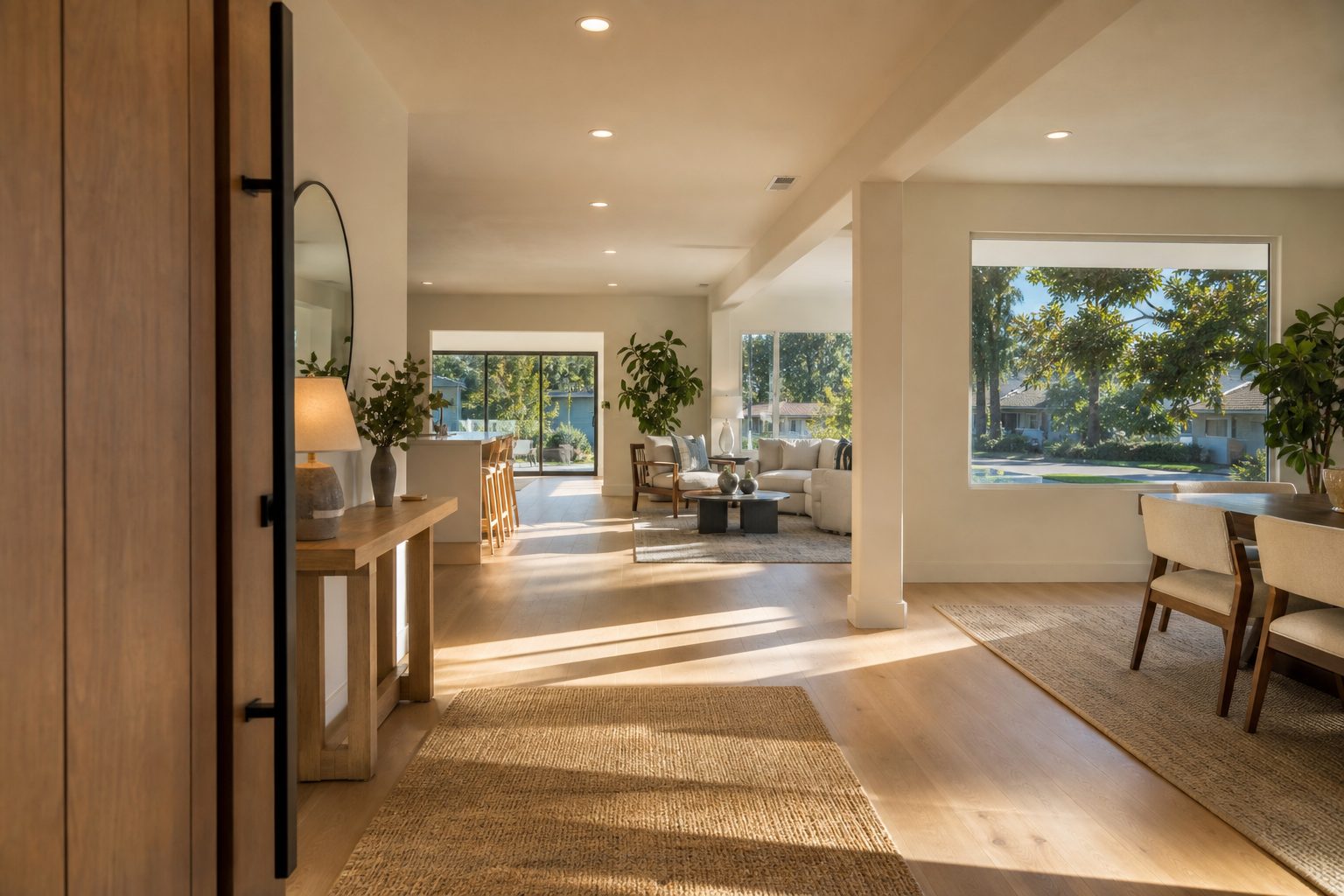 Bright entry foyer with light flooring and natural window light in a Northridge-area home showing open-concept layout and sightlines to living spaces.
