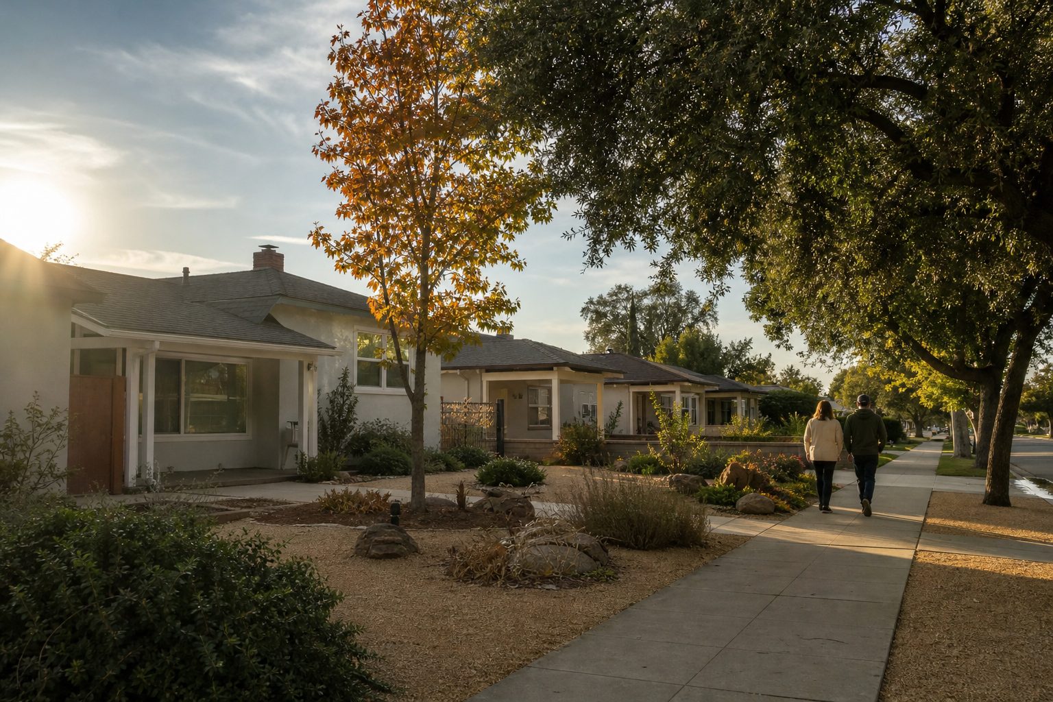 Tree-lined Lake Balboa street with mid-century ranch homes and two pedestrians walking, showing walkable neighborhood character near Balboa Boulevard.