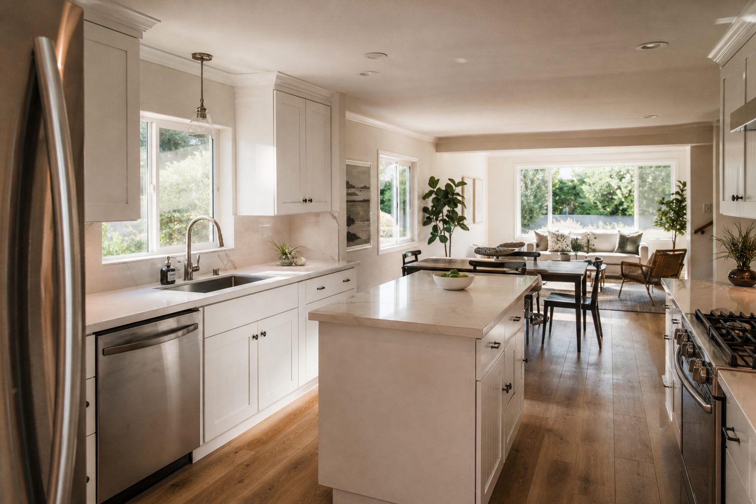 Bright, updated kitchen with white cabinetry, stainless appliances, and quartz counters in a Northridge home.