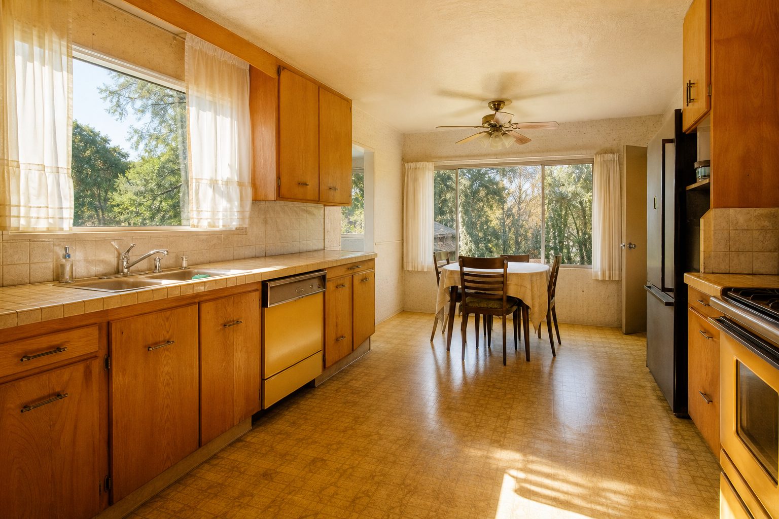 Vintage 1970s kitchen and dining area in inherited Northridge home with original cabinetry and dated appliances.