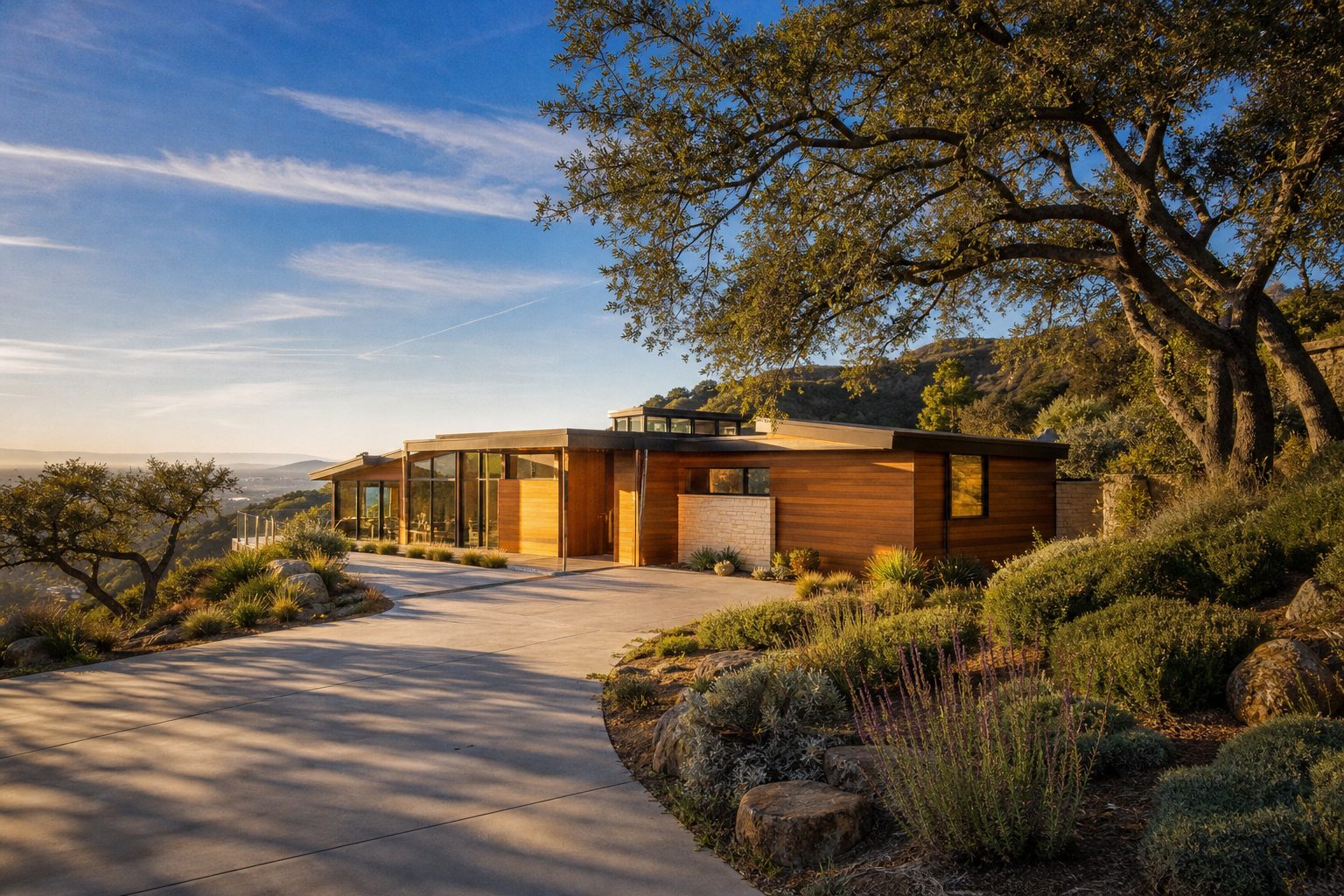 Custom hillside estate in Woodland Hills south of Ventura Boulevard with valley views and mature oaks at sunset.