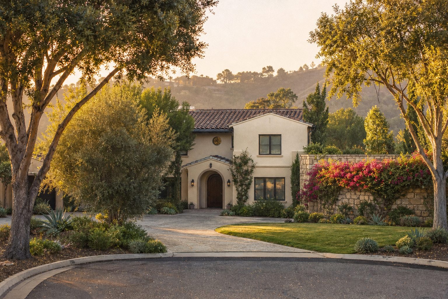 Single-story Mediterranean home with mature pepper trees and curved driveway in Woodland Hills, late afternoon light.