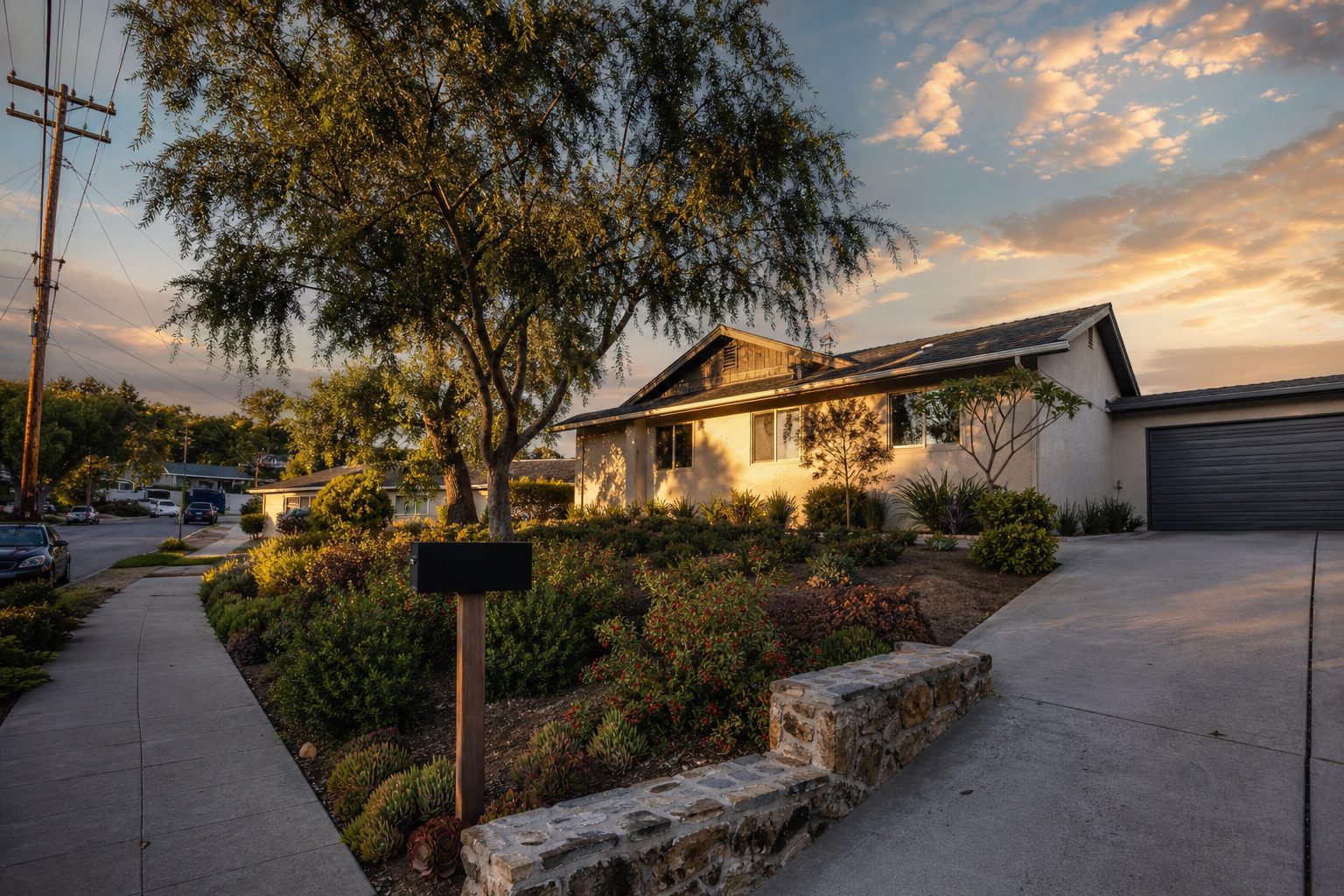 Single-story ranch home with mature pepper trees and natural stone retaining wall in Lake Balboa.