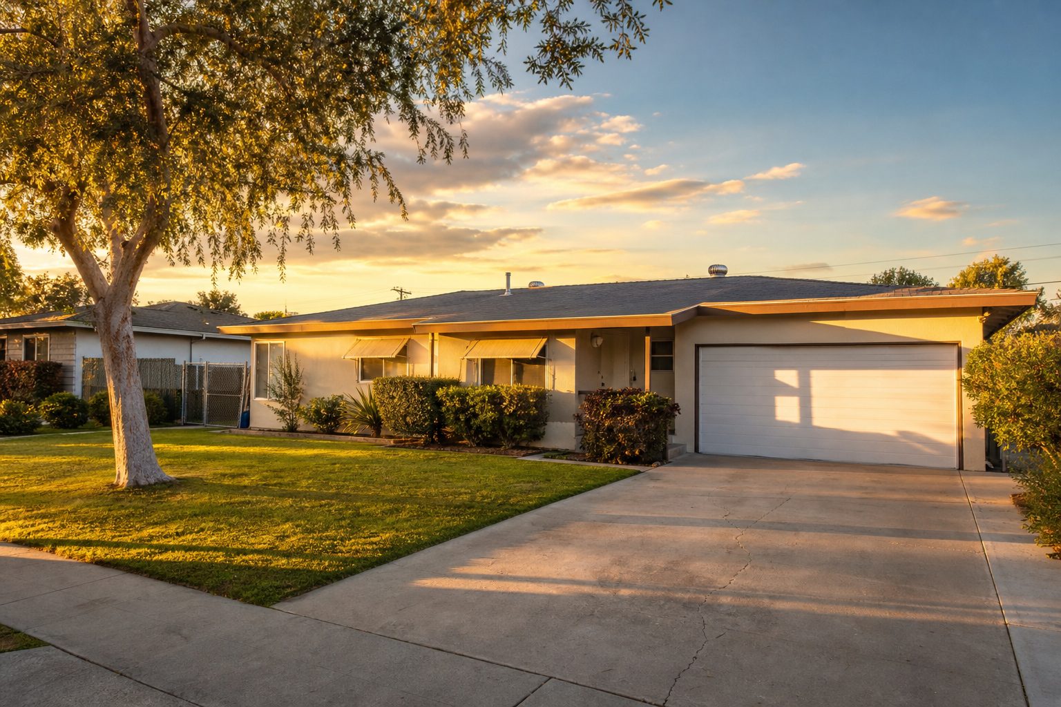 Classic 1960s ranch home with stucco exterior and mature pepper tree in Northridge, golden hour light casting long shadows.
