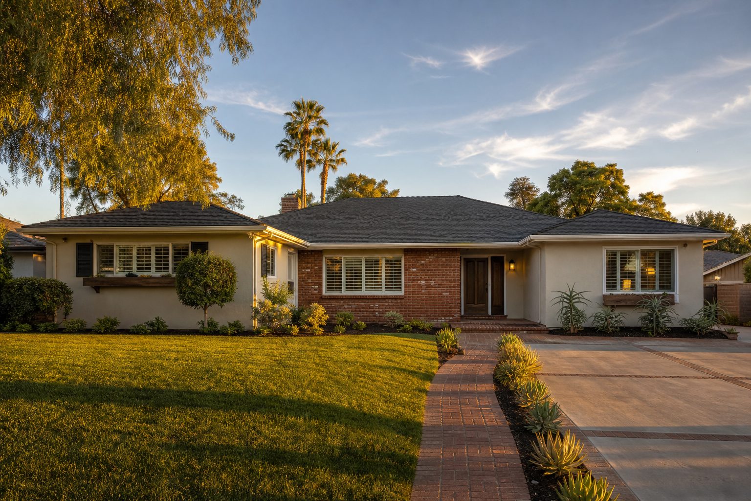 Front elevation of a 1950s brick ranch home with updated landscaping in North Hills, shaded by mature valley trees.