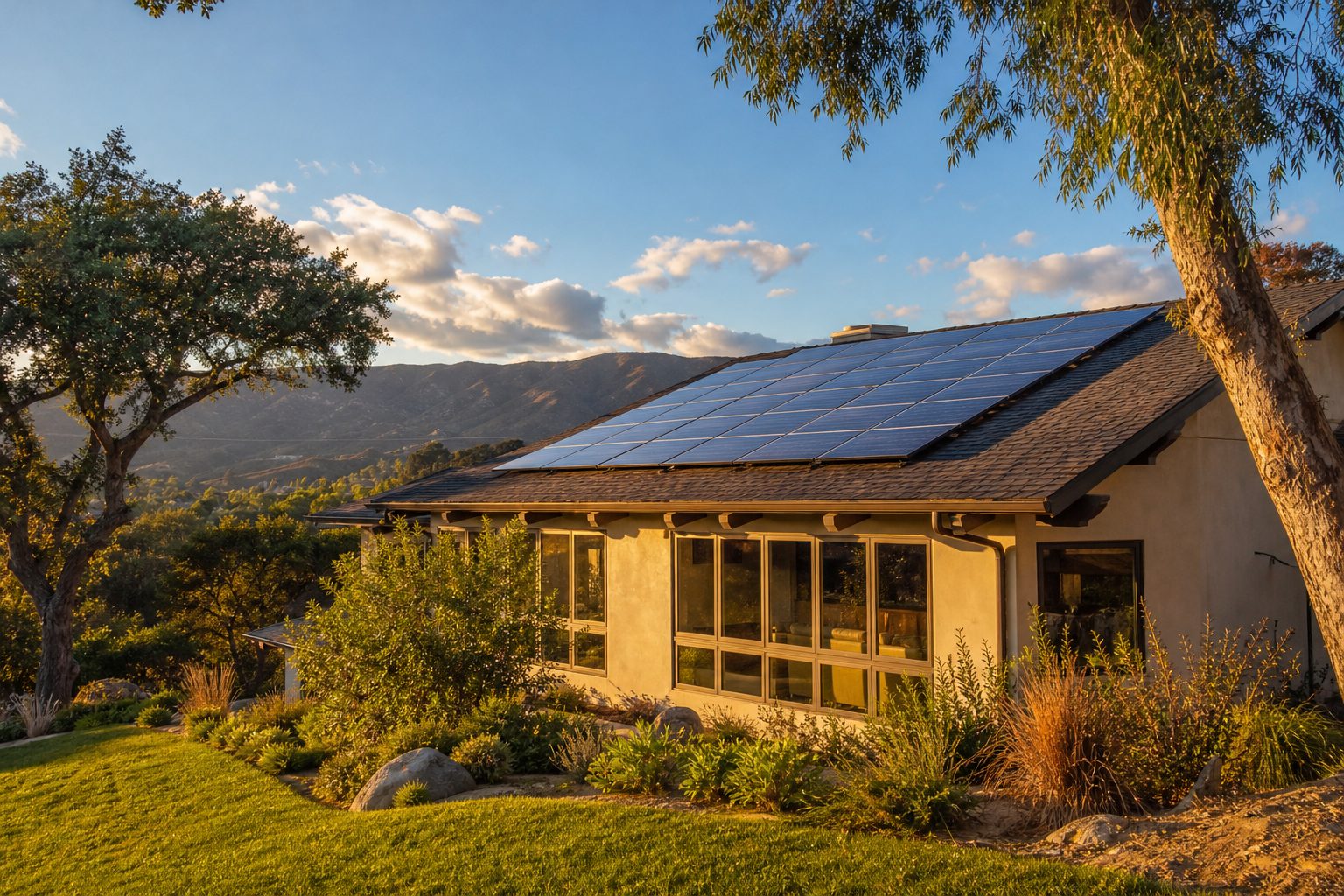 Contemporary ranch home with solar panels on roof during golden hour in Woodland Hills hillside neighborhood.