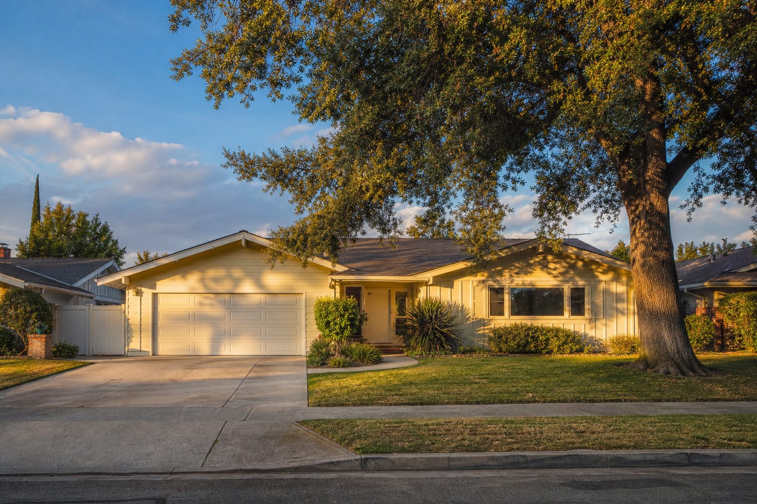 Single-story 1960s ranch home with mature tree canopy on a Northridge residential street between Nordhoff and Lassen Boulevard.