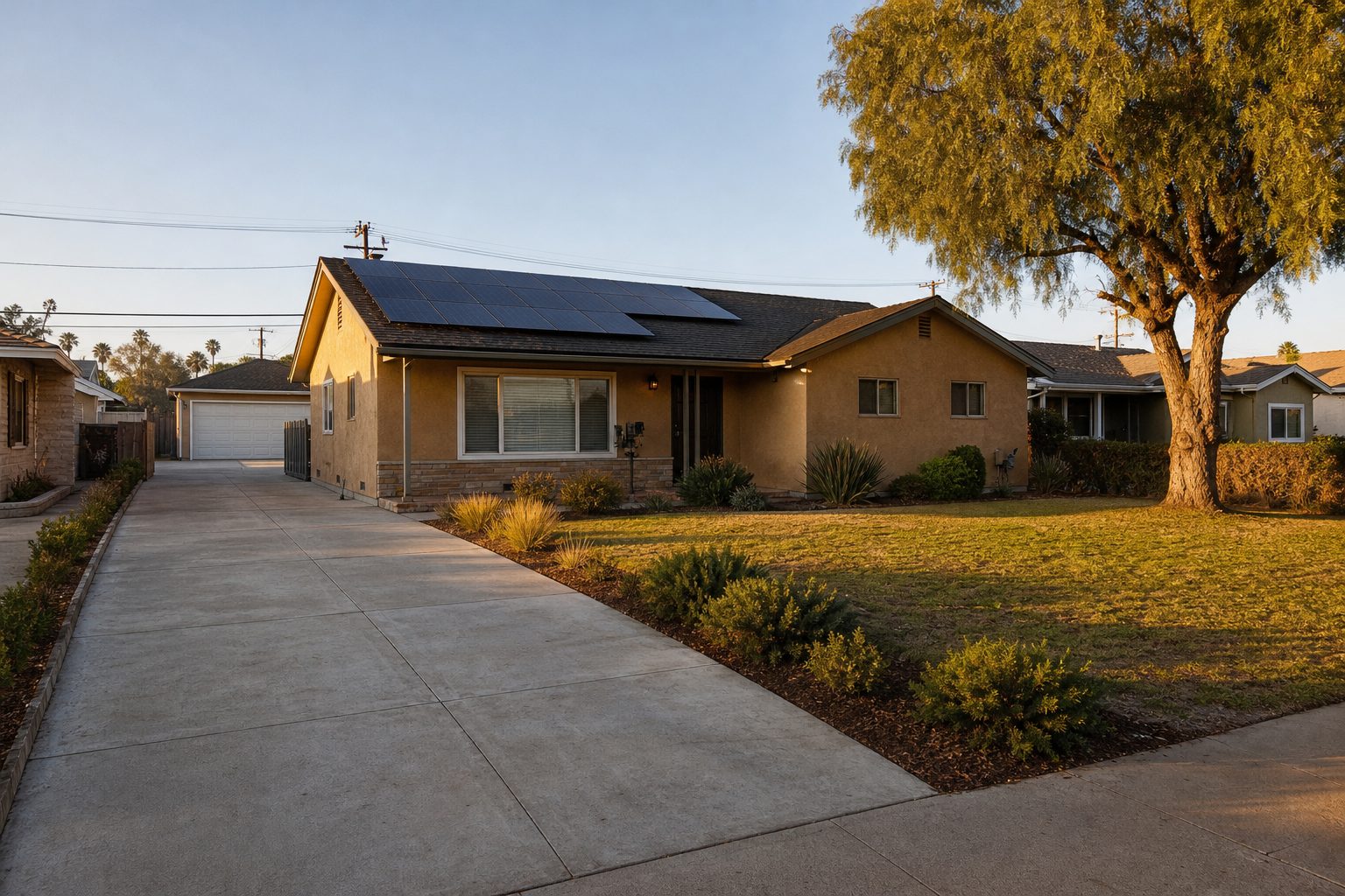 Golden-hour view of a single-story 1950s ranch home with rooftop solar panels and mature pepper tree in Lake Balboa.