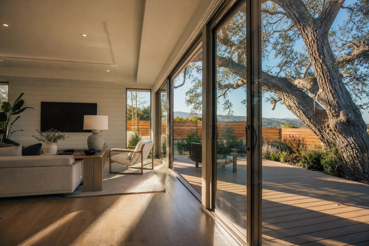 Interior ranch home with open living space and glass doors overlooking mature oak tree and foothill landscape in Porter Ranch.