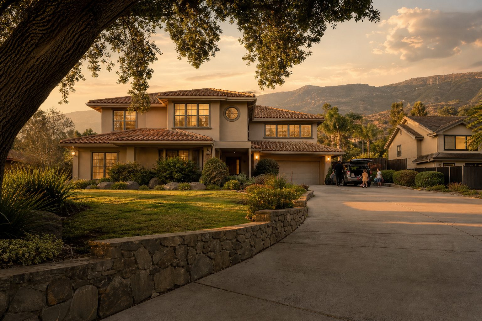 Contemporary two-story Woodland Hills family home with mature oaks, wide driveway, and stone retaining wall at golden hour.