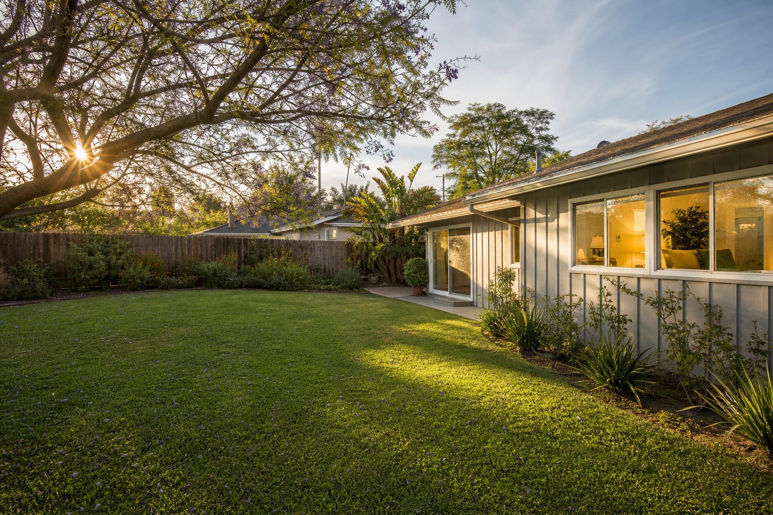 Rear yard and side elevation of 1950s Woodland Hills ranch with mature landscaping and morning light.