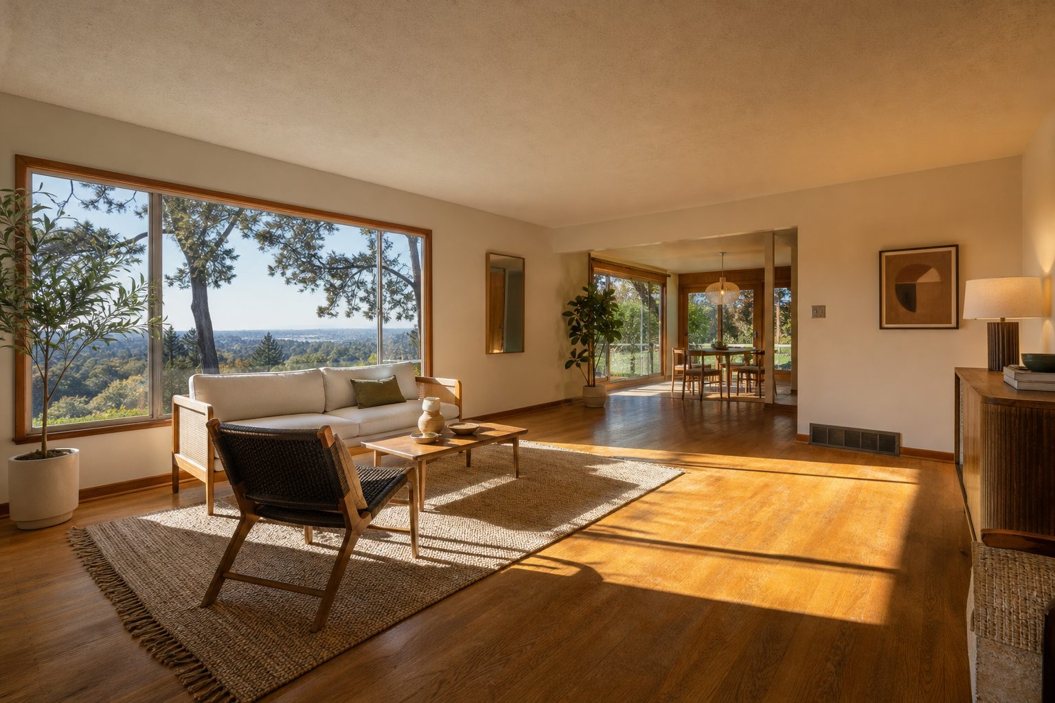 Original mid-century home interior in Lake Balboa with updated lighting, wood flooring, and window views toward Sepulveda Basin Recreation Area.
