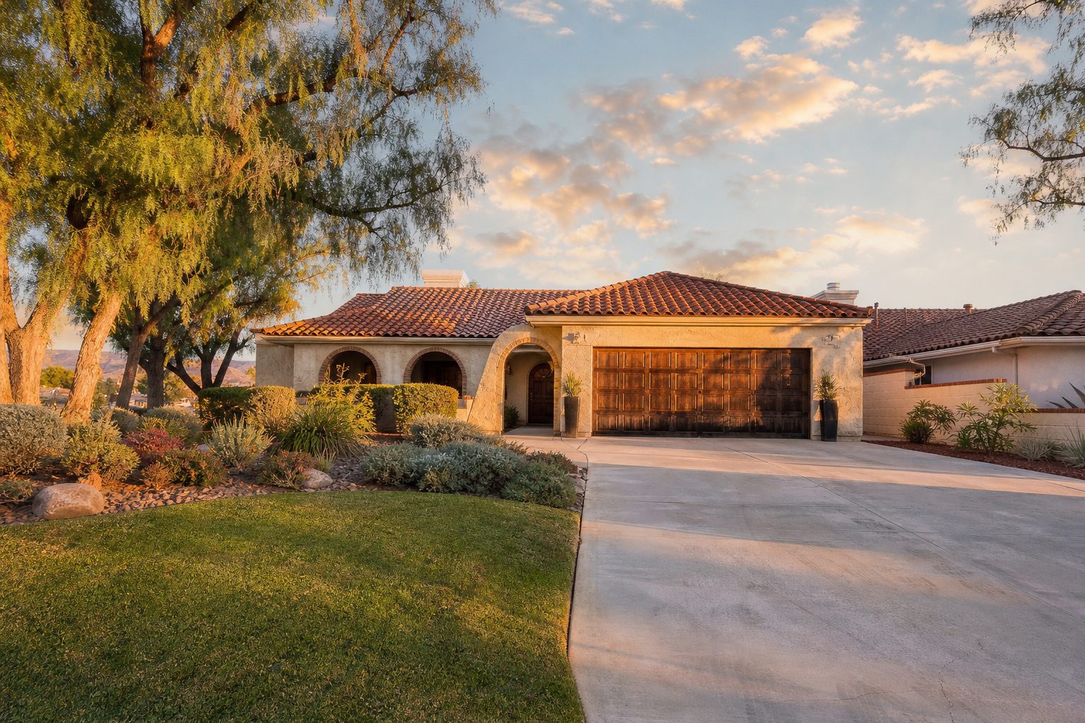 Single-story cream stucco home with tile roof and mature pepper trees on a quiet Northridge street near Devonshire Highlands.