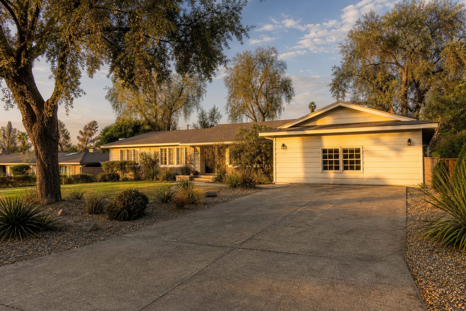 1950s ranch home with converted garage and mature pepper trees in North Hills near Noble Avenue Elementary.