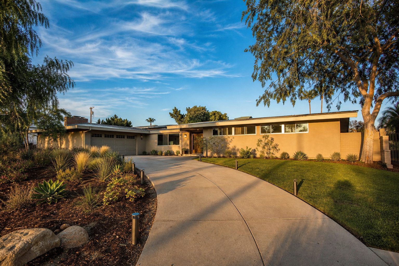 Well-maintained mid-century ranch home in Lake Balboa with manicured landscaping and pepper tree on wide lot near Victory Boulevard.