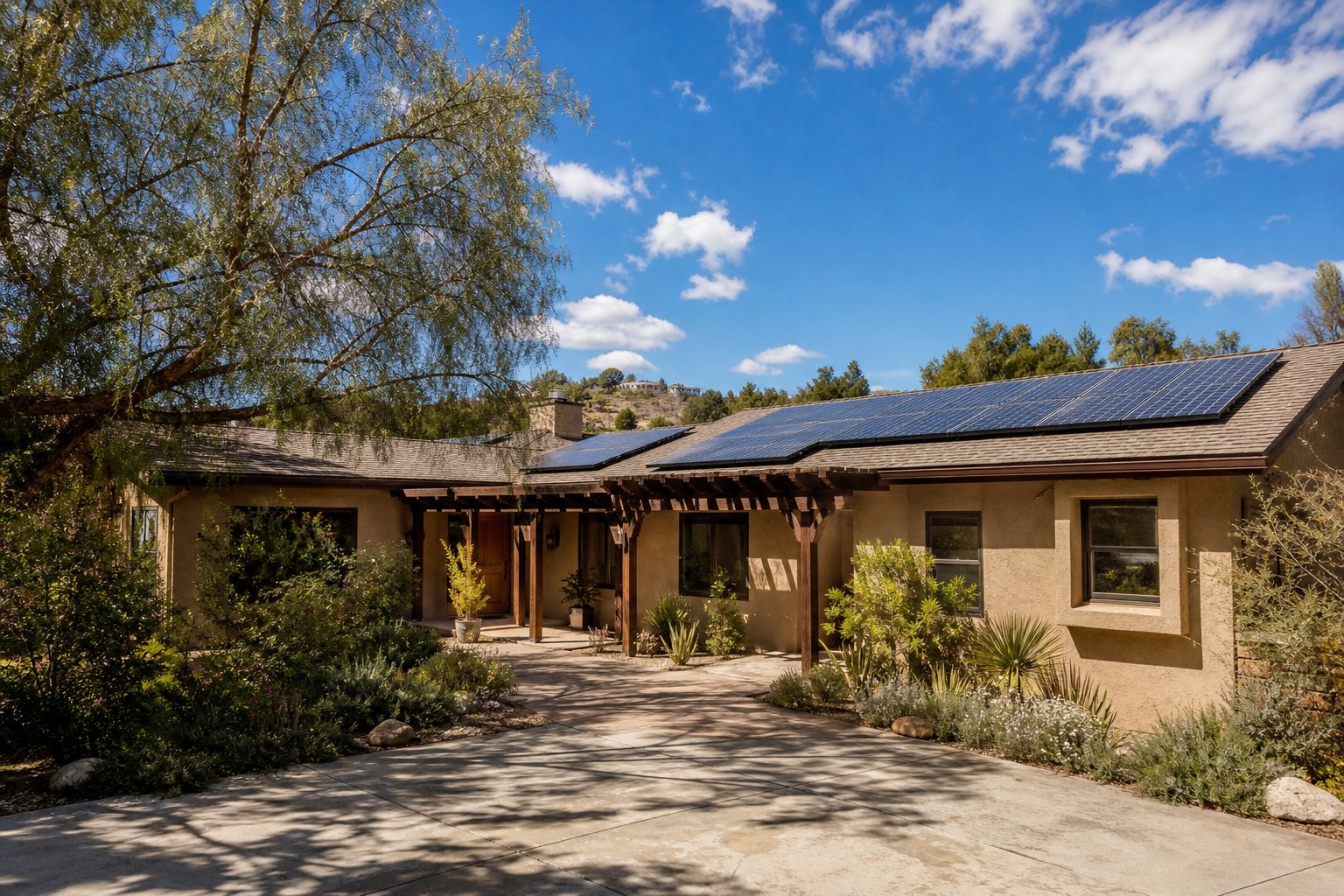 Single-story Woodland Hills ranch with solar panel installation visible on roof and contemporary landscape design elements.