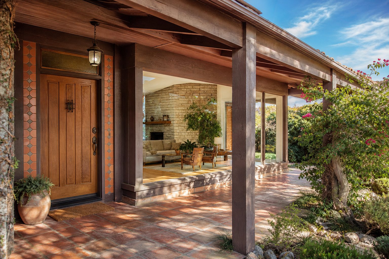 Mid-century Northridge home with covered porch, wooden entry door, and stone accent wall visible through front window.