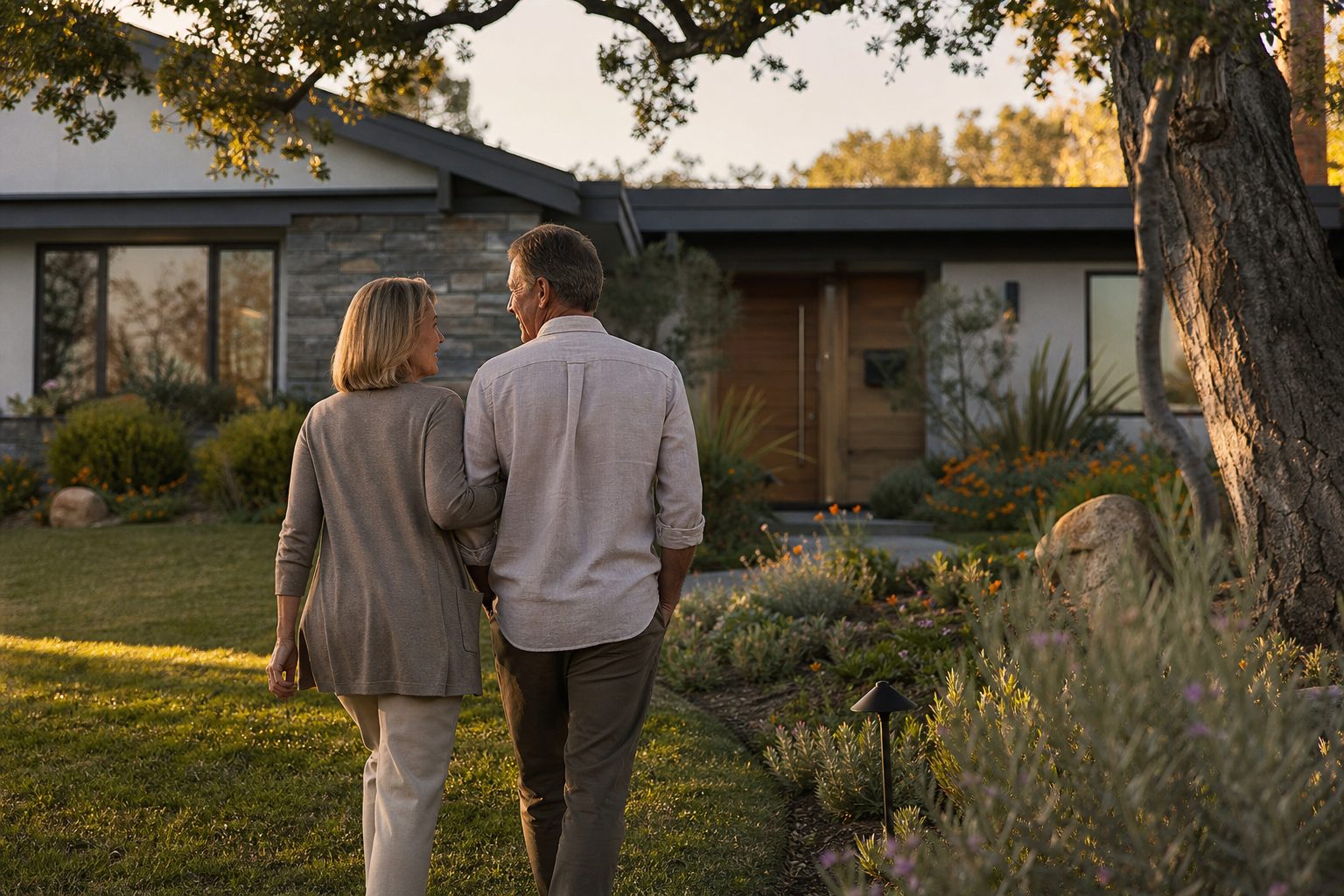 Mature couple walking through front yard of modern single-story home in Woodland Hills or Chatsworth retirement community, golden hour.