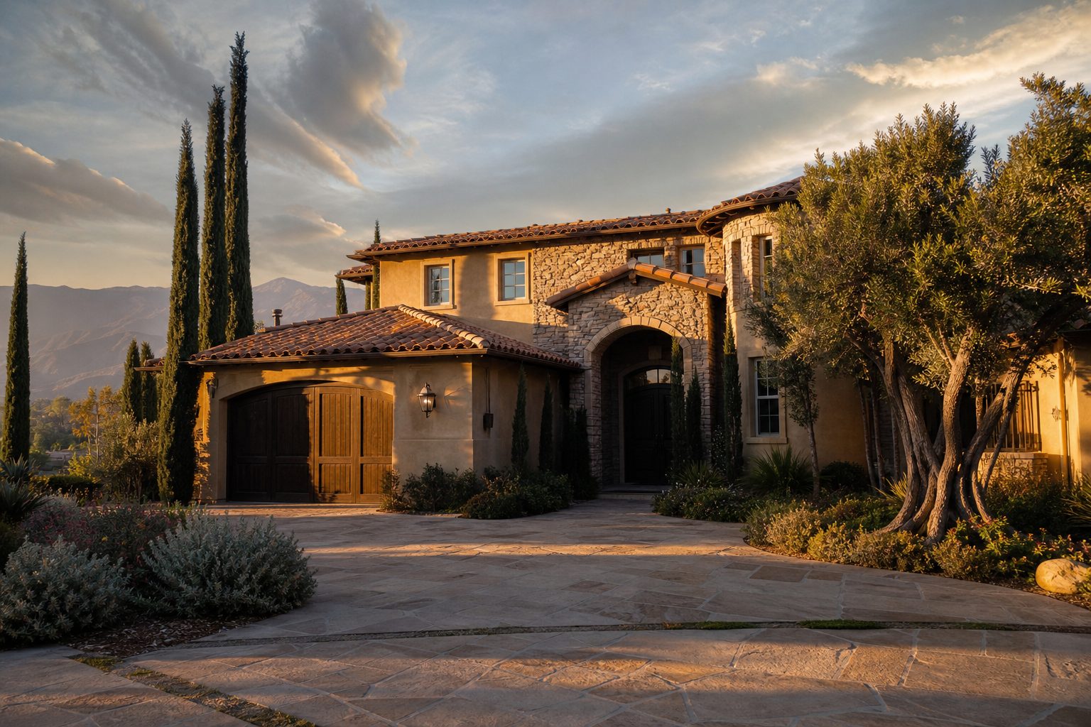 Mediterranean home in Woodland Hills with arched portico, mature landscaping, and hillside views at sunset.