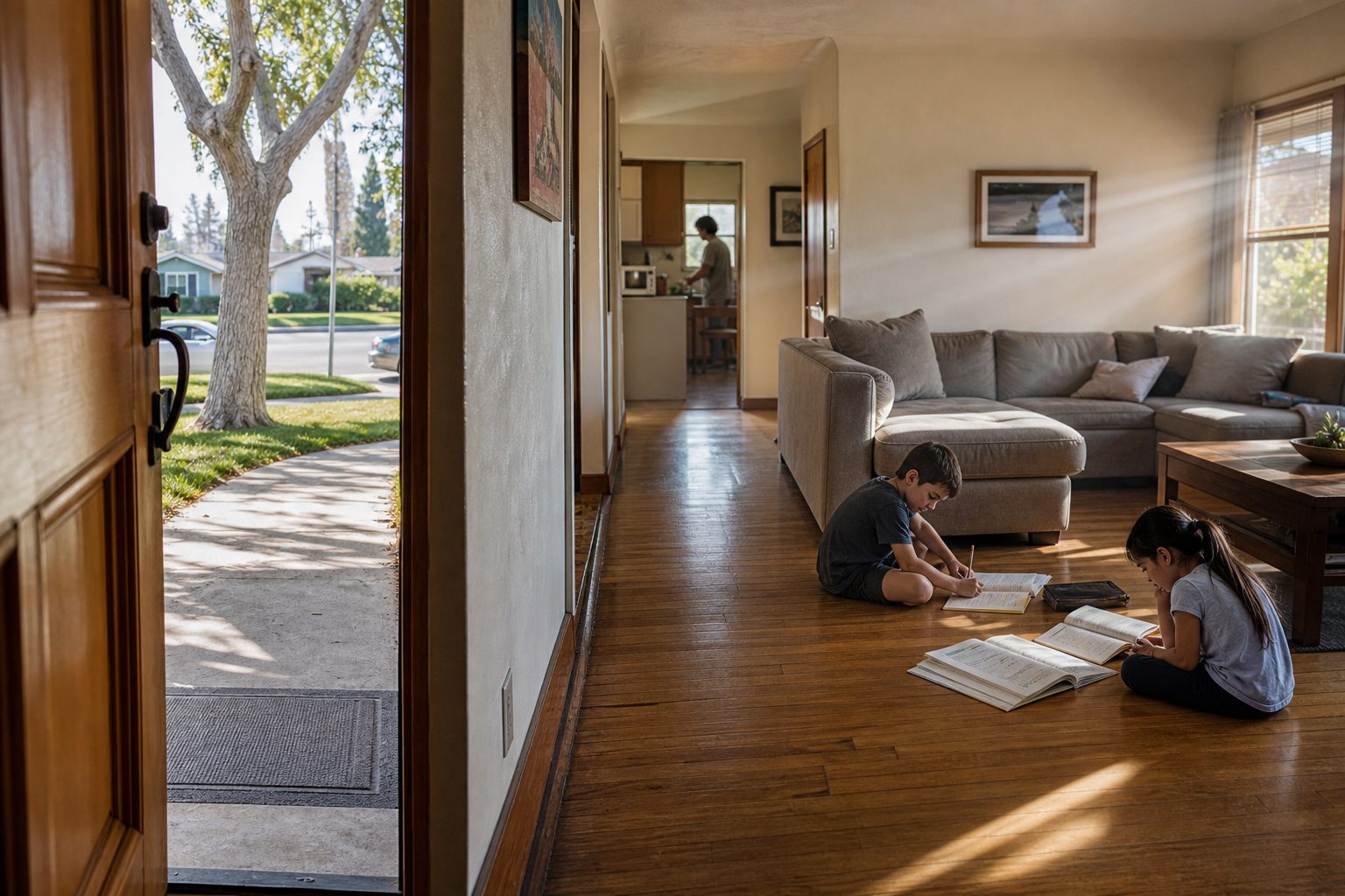 Interior of 1960s Northridge ranch home with children studying, family in kitchen, hardwood floors, and front door framing the driveway and street