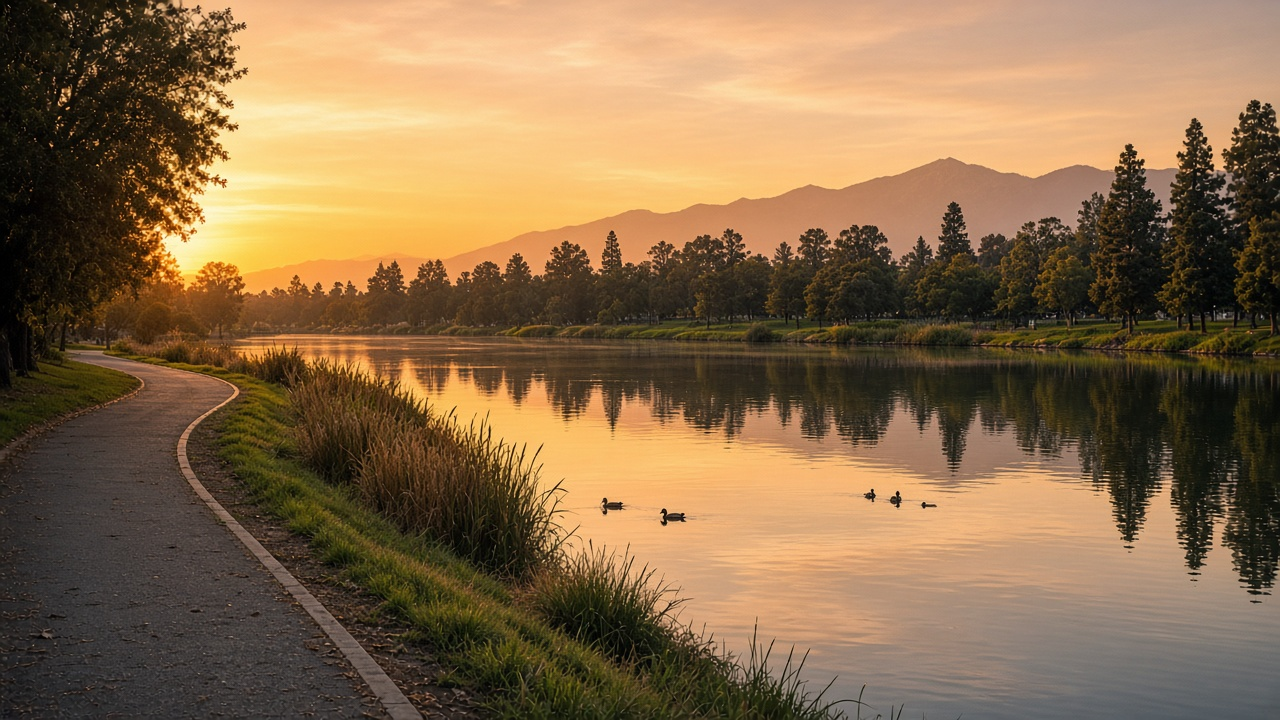 Walking path along the lake at Lake Balboa Park at golden hour with mountains in the distance