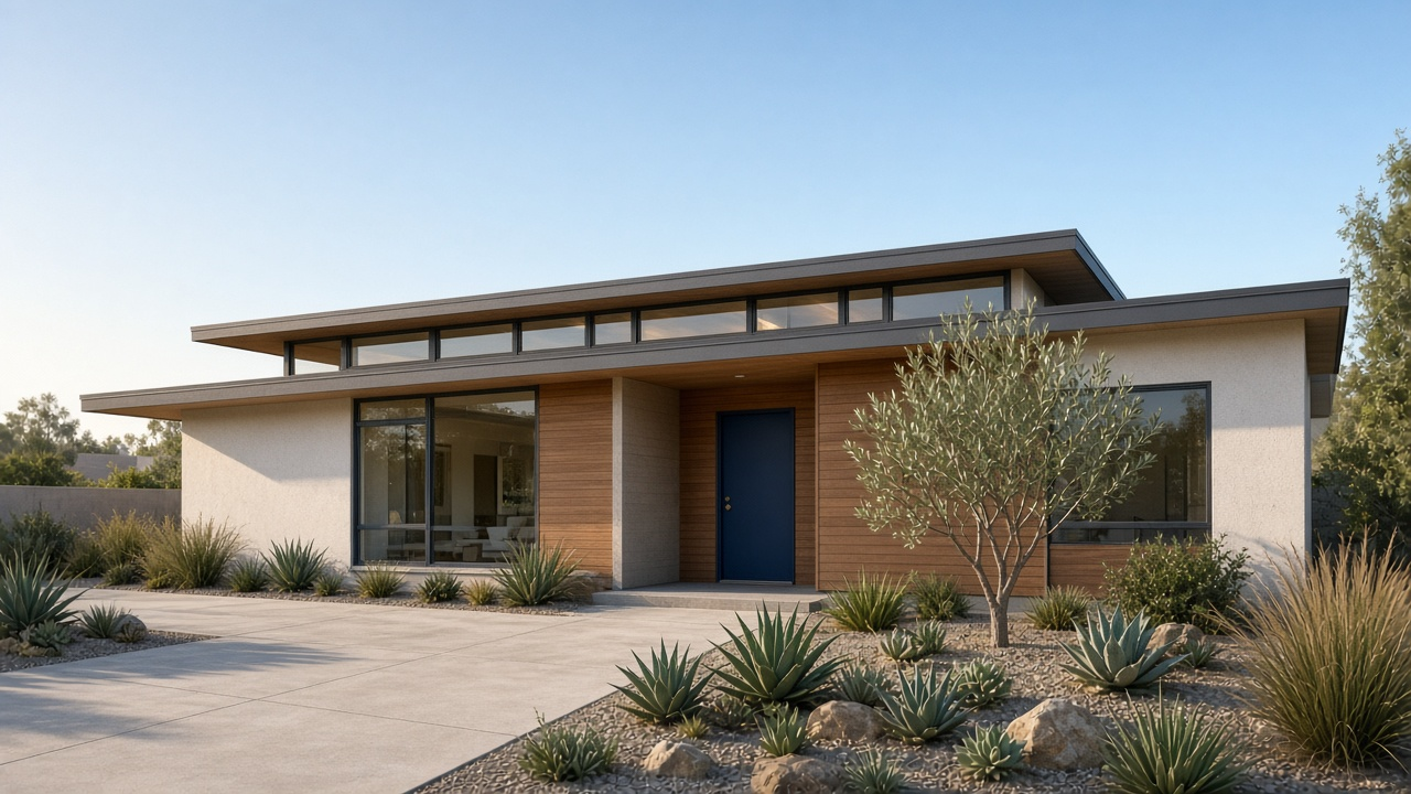 Mid century modern single story San Fernando Valley home with a navy front door and drought tolerant landscaping