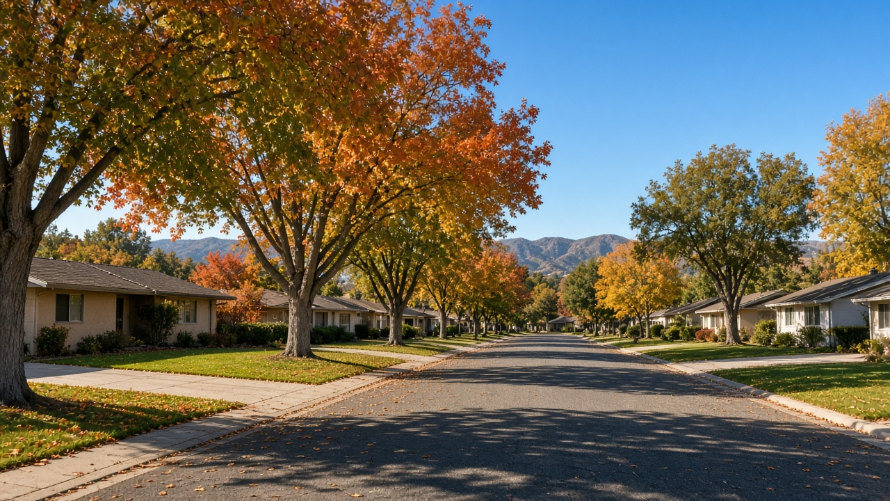 Tree lined Northridge residential street in fall with single story ranch homes and golden autumn leaves
