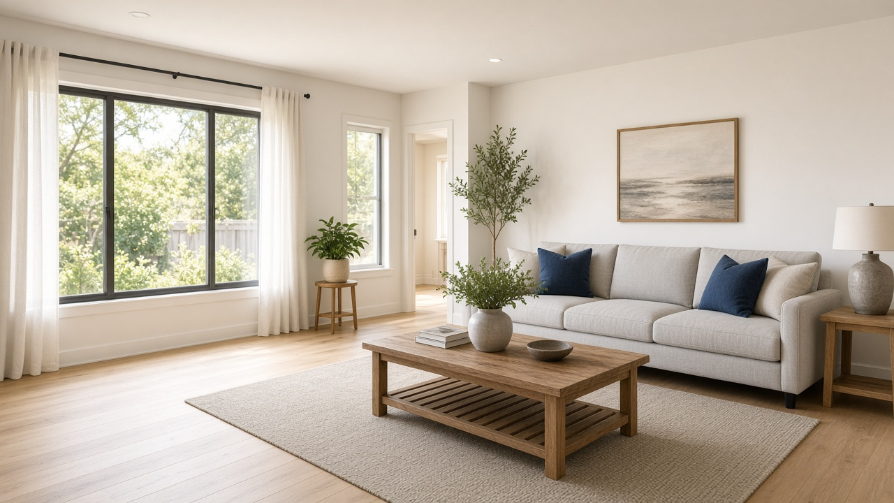 Bright staged living room with a light gray sofa, navy pillows, and oak floors ready for buyers