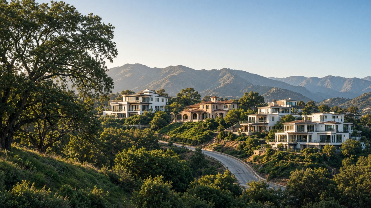 Woodland Hills hillside homes among oak trees with the Santa Monica Mountains at sunset
