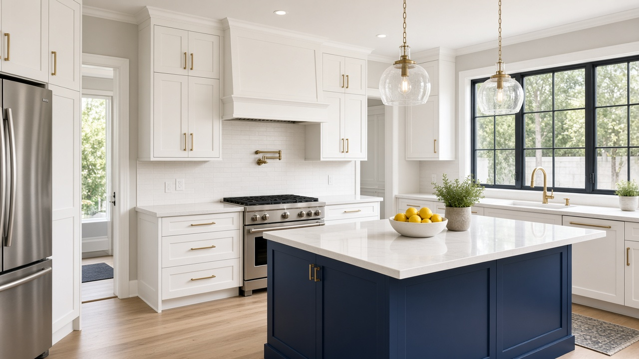 Modern staged kitchen with white cabinets, a navy island, and quartz countertops